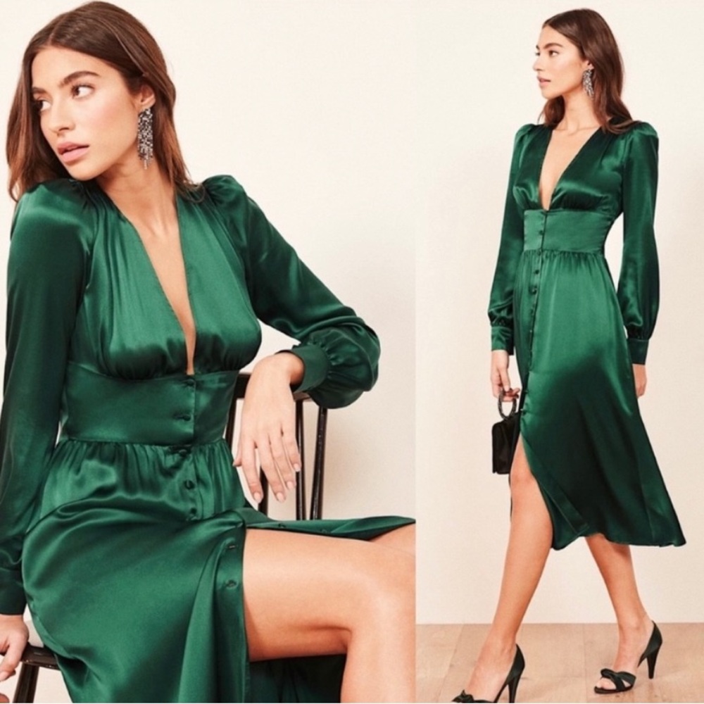 Reformation Nicola Emerald Green Silk Midi Dress